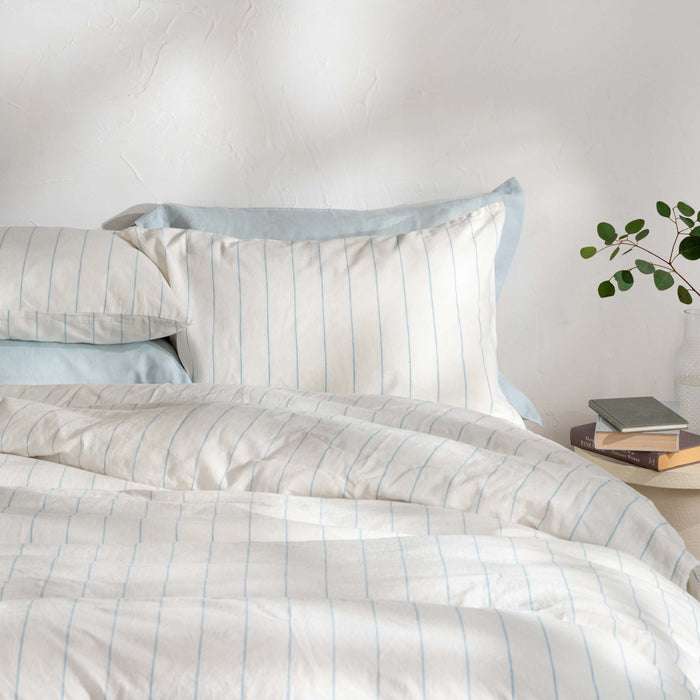 White/Blue Pinstripe Linen Cotton Blend Duvet Cover bedroom detail | Soak and Sleep