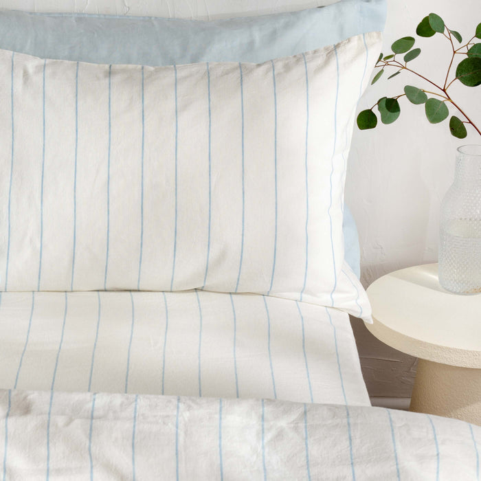 White/Blue Pinstripe Linen Cotton Blend Duvet Cover close-up detail 1 | Soak and Sleep