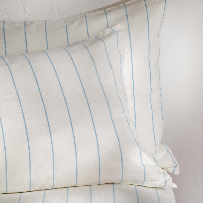 White/Blue Pinstripe Linen Cotton Blend Duvet Cover close-up detail 2 | Soak and Sleep