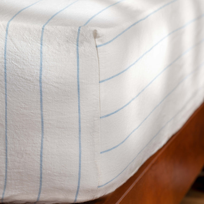 White/Blue Pinstripe Linen Cotton Blend Duvet Cover close-up detail 3 | Soak and Sleep