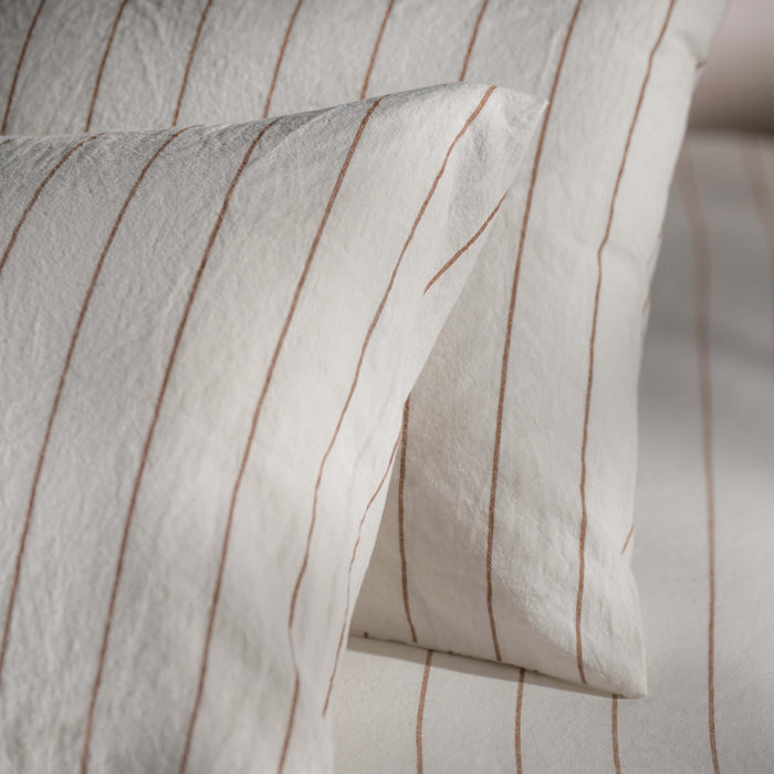 White/Burnt Orange Pinstripe Linen Cotton Pillowcases bedroom detail | Soak and Sleep
