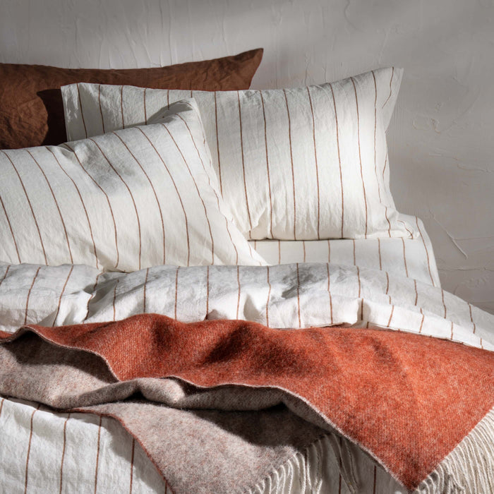 White/Burnt Orange Pinstripe Linen/Cotton 30cm Standard Fitted Sheets close-up detail 2 | Soak and Sleep