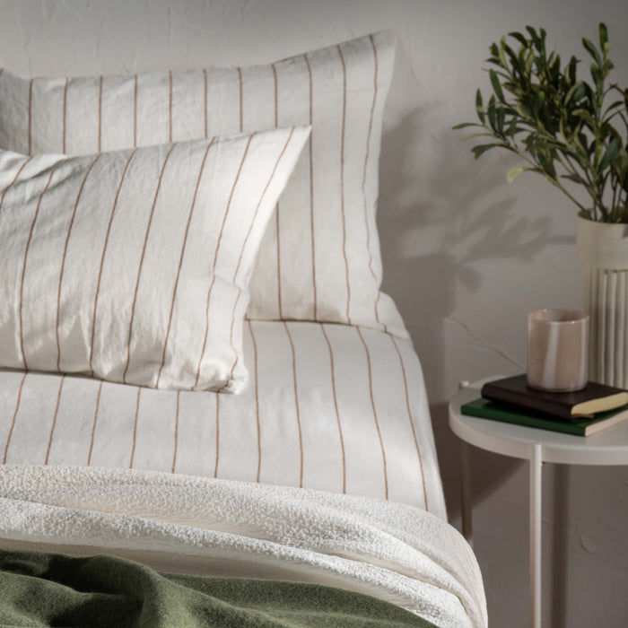 White/Burnt Orange Pinstripe Linen/Cotton 30cm Standard Fitted Sheets close-up detail 3 | Soak and Sleep