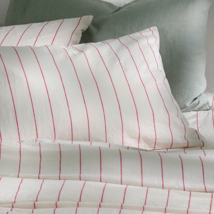 White/Fuchsia Pinstripe Linen Cotton 30cm Standard Fitted Sheets