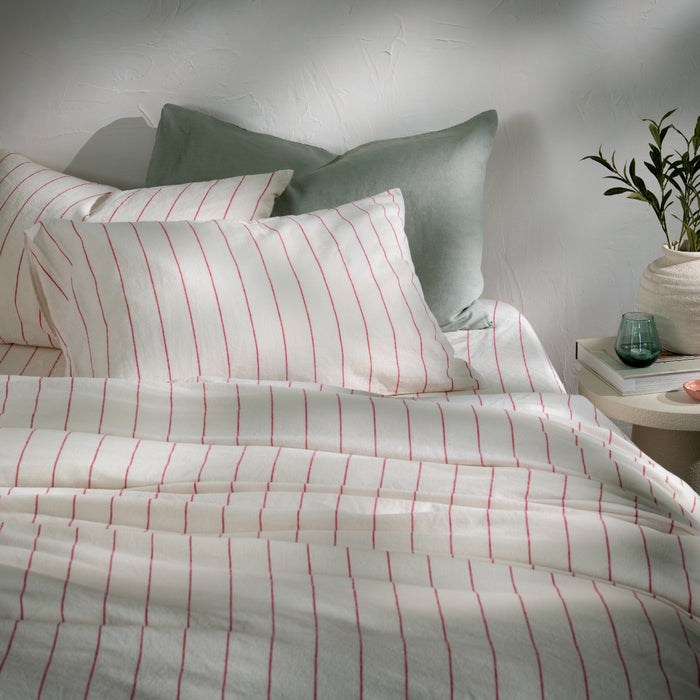 White/Fuchsia Pinstripe Linen Cotton Blend Bedding