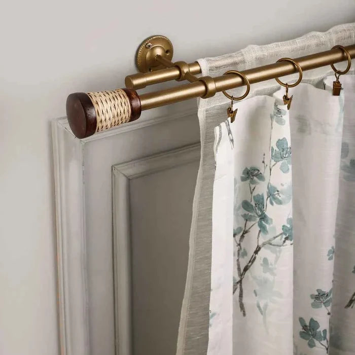 WICKER WOODEN WRAP FINIAL EXTENDABLE DOUBLE CURTAIN ROD GOLD 19MM (HARDWARE INCLUDED)