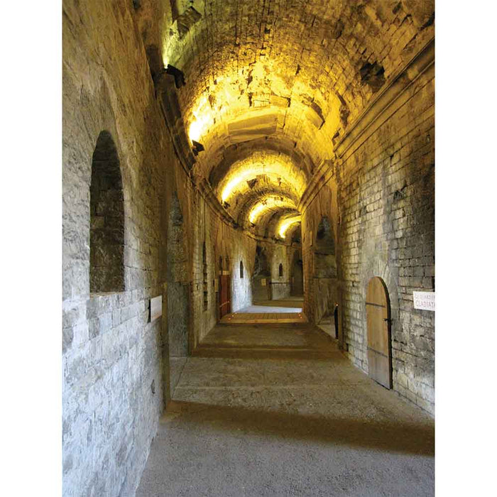 Long, narrow stone corridor with arches and a warm glow from ceiling lights of Roman arena in Nimes France gloss poster printed | Wallhogs