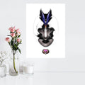 24 inch poster of an artistic depiction of a mystic woman wearing a feather headpiece installed on a white wall, with flowers and a candle in the foreground.