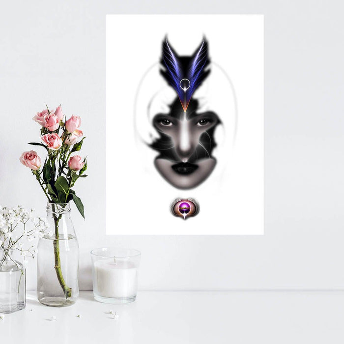 24 inch poster of an artistic depiction of a mystic woman wearing a feather headpiece installed on a white wall, with flowers and a candle in the foreground.