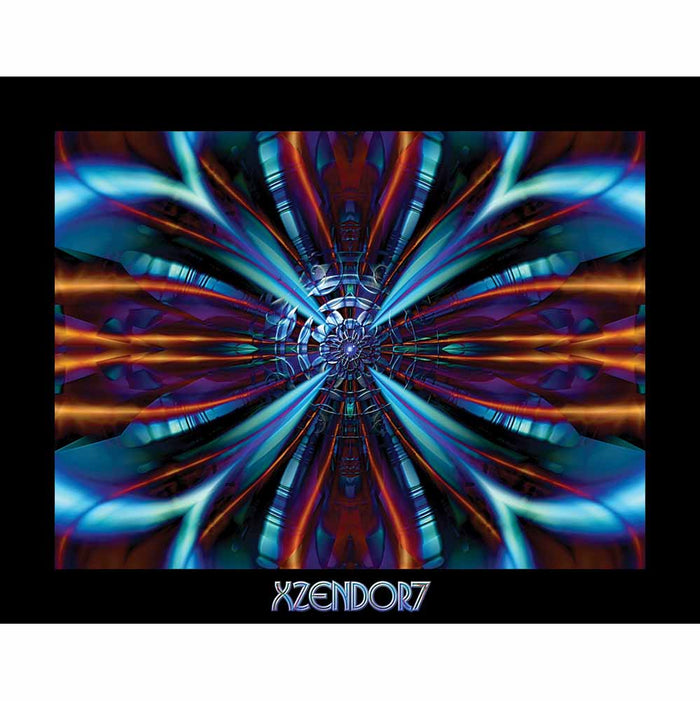 Fractal art of a symmetrical kaleidoscope of blues, purples and oranges that evokes shimmering wings gloss poster printed | Wallhogs