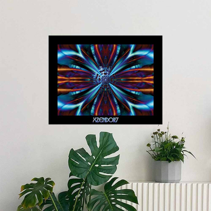 24 inch decal of fractal art evokes the form of iridescent wings in a kaleidoscopic explosion of vibrant blues, fiery oranges, and crystalline purples installed on a wall above potted plants