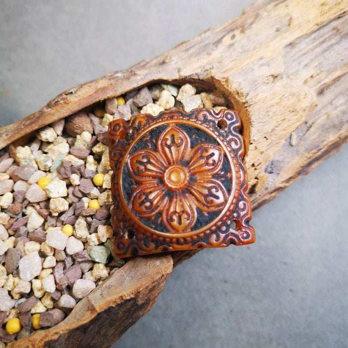 Yak Bone Carved Mandala Amulet Badge, Tibetan Buddhist Prayer Wheel Pendant,Dhar - Tibetan Buddhist amulet, close-up detail
