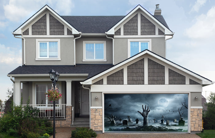 Zombie Hand Rising Out Of A Graveyard In Spooky Night Garage Door Cover