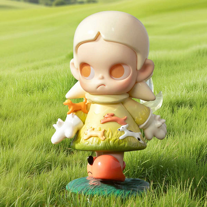 Zsiga Take It Slow Series Figure: child-like character with wings, yellow dress featuring animal designs, orange boots in a grassy field. Part of a collectible series.